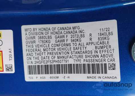 2023 Honda Civic Sport from USA, damaged, VIN 2HGFE2F52PH507791